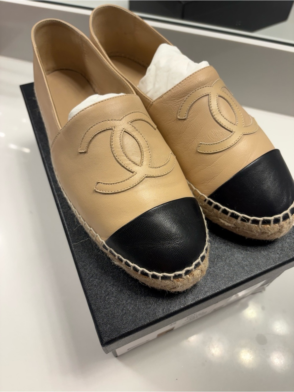 CHANEL Beige and Black Leather Espadrille Flats